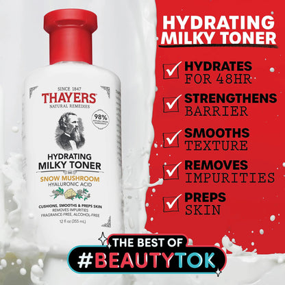 THAYERS Milky Face Toner Skin Care with Snow Mushroom and Hyaluronic Acid, Natural Gentle Facial Toner, for Dry and Sensitive Skin, 355mL Milky Toner