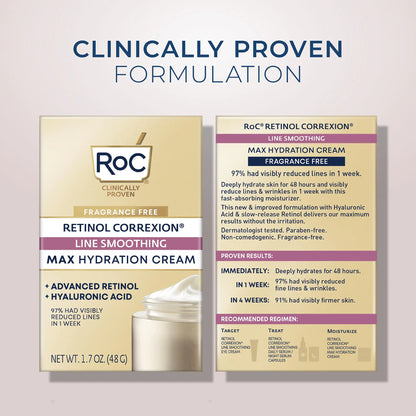 RoC Retinol Correxion Max Hydration Anti-Aging Daily Face Moisturizer with Hyaluronic Acid, Fragrance-Free, Oil Free Skin Care, 1.7 Ounces (Packaging May Vary)