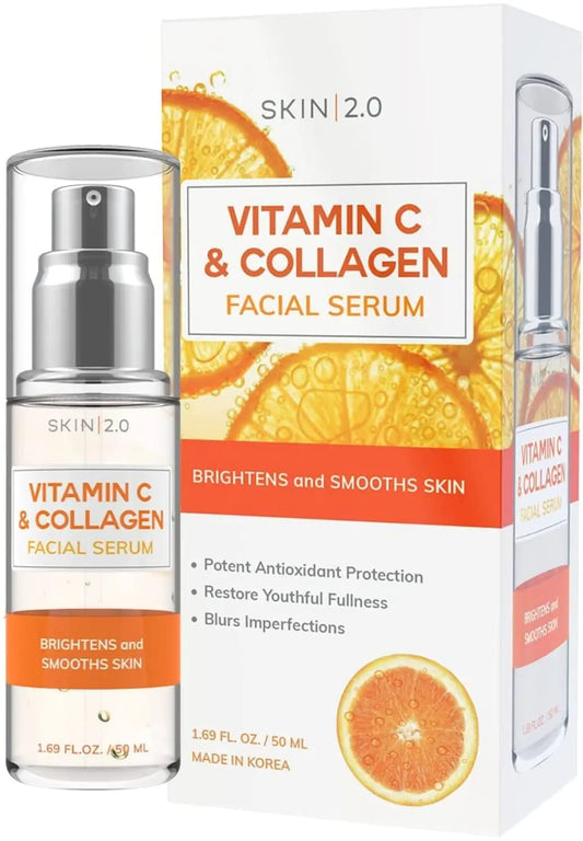 Vitamin C Serum With Collagen - Dermatologist Tested Korean Skin Care for Dark Spots & Skin Brightening - Anti Aging & Acne Facial Serum - Cruelty Free - For All Skin Types - 1.69Fl. oz by Skin 2.0 Vitamin C and Collagen